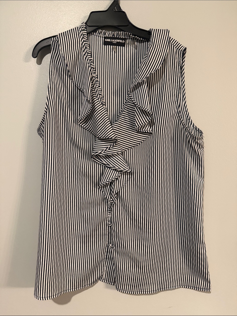 Karl Lagerfeld Navy & White Vertical Stripe Ruffle V-Neck Blouse